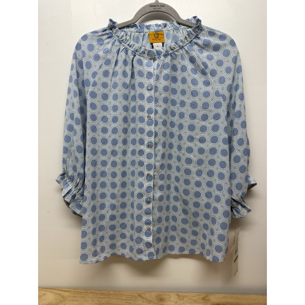 Ruby Rd Blue White Polka Dot Women's Tunic Blouse Large  Ruffle Sleeve New #60‎